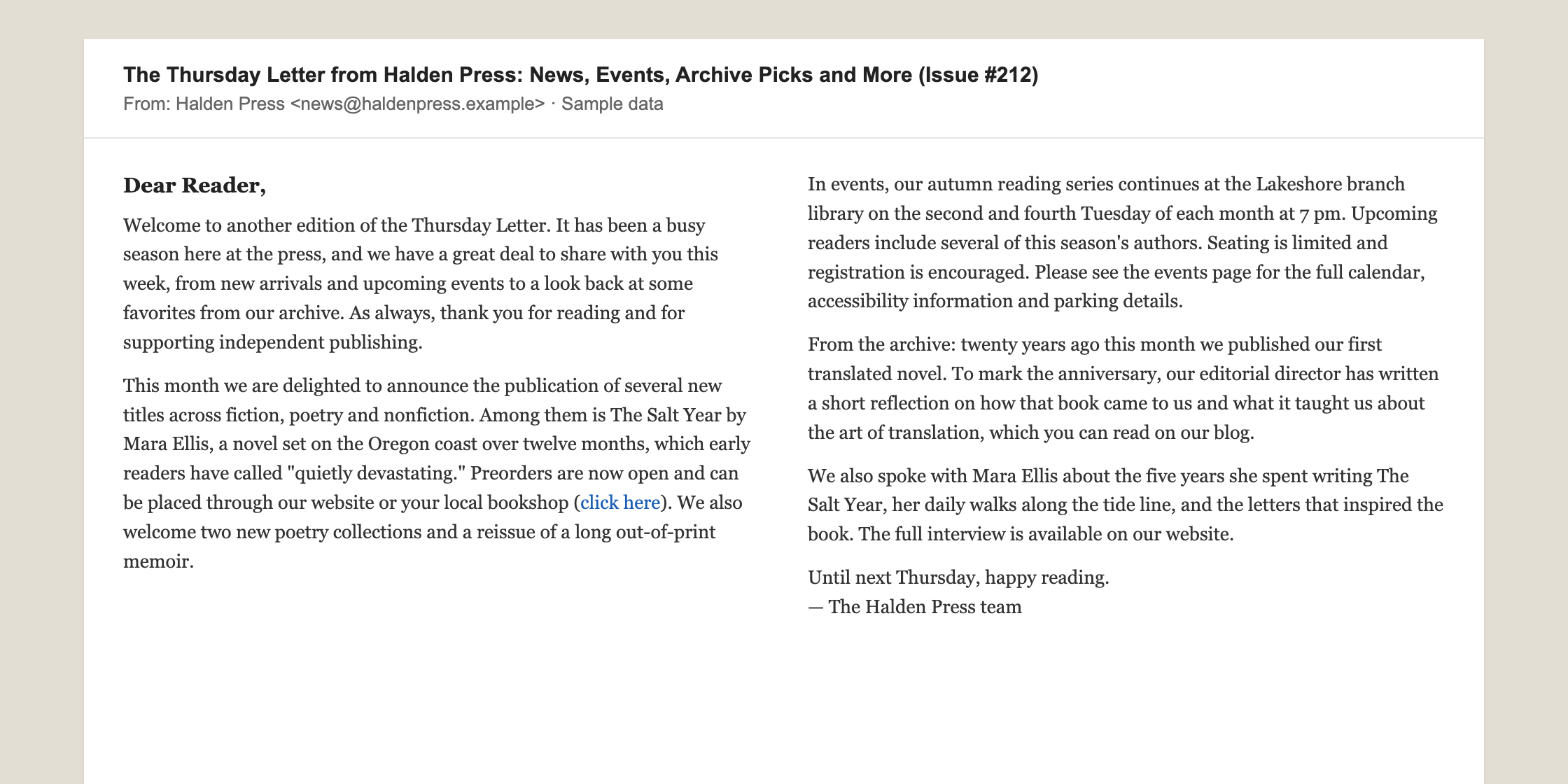 Before: a newsletter email in two dense columns of text with a single small 'click here' link.