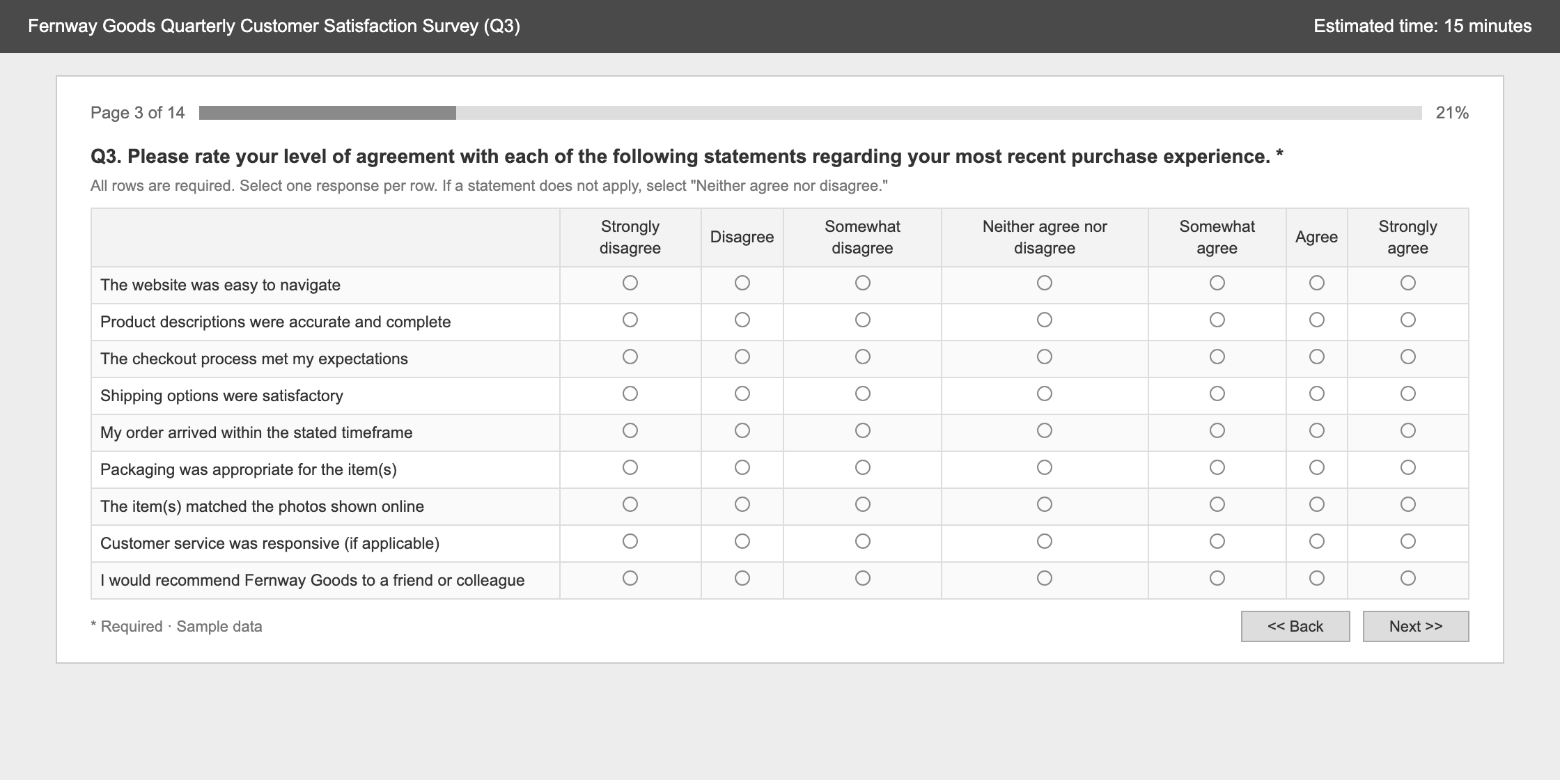Before: a dense survey page with a nine-row agreement grid, page 3 of 14, estimated 15 minutes.